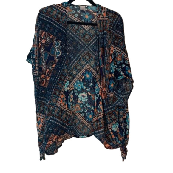 MAURICES Kimono Navy Blue Geometric Floral Patter Tie Sides One Size 100% Rayon - Picture 1 of 5